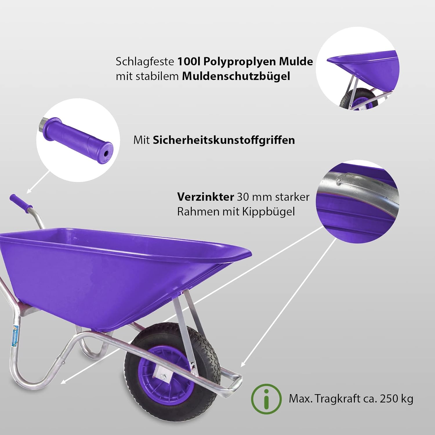 Schubkarre 250 kg Traglast 100 Liter Volumen Bauschubkarre Gartenschubkarre violett Schiebkarre Garten rostfrei verstärkter Rahmen mit Schutzbügel für Langlebigkeit