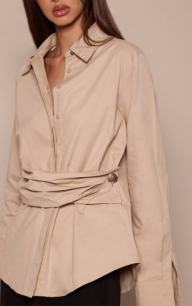 Sable Chemise Oversize En Coton Avec Détail Drapé Et Finitions Contrastées