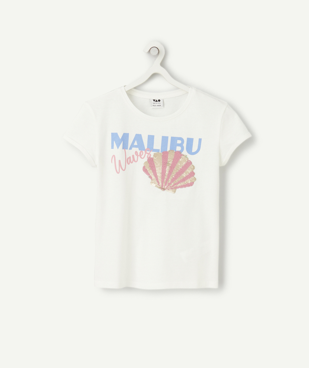 t-shirt manches courtes fille en coton bio blanc motif malibu