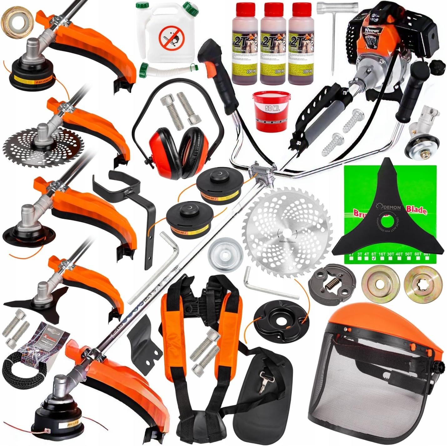 Bastionshop - Benzin Motorsense, Rasentrimmer 5,2KM/5,2 PS - Motorsense mit Luftgekühlter 2-Takt-Motor, Kompletter Satz Öl, 2 Ringen auf dem Kolben, 4 verschiedenen Messern, Visier mit Sicherheitsnetz