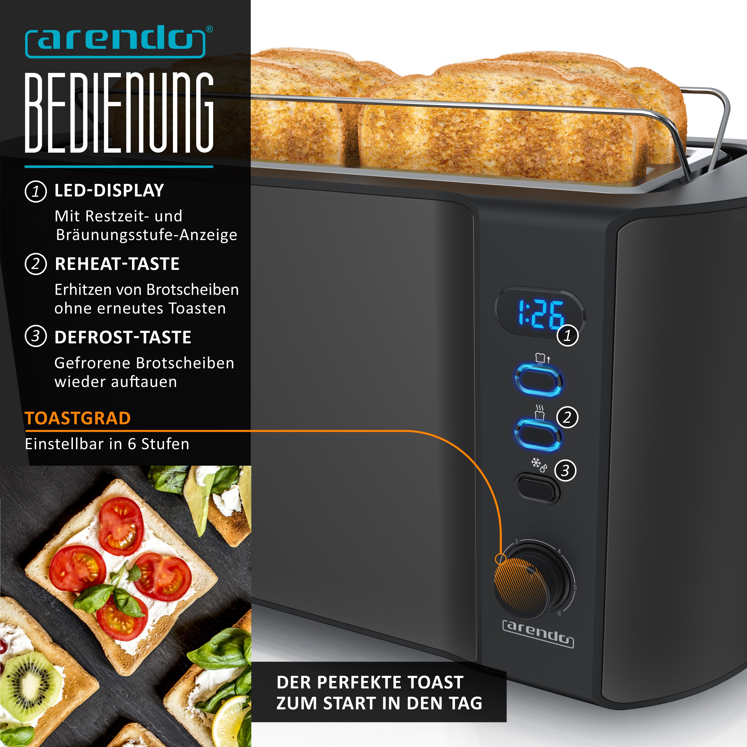 Arendo - Set Toaster FRUKOST mit Eierkocher SIXCOOK Edelstahl Schwarz, Toaster 4 Scheiben, LED-Display, 6 Bräunungsgrade, Brötchenhalter - Eierkocher