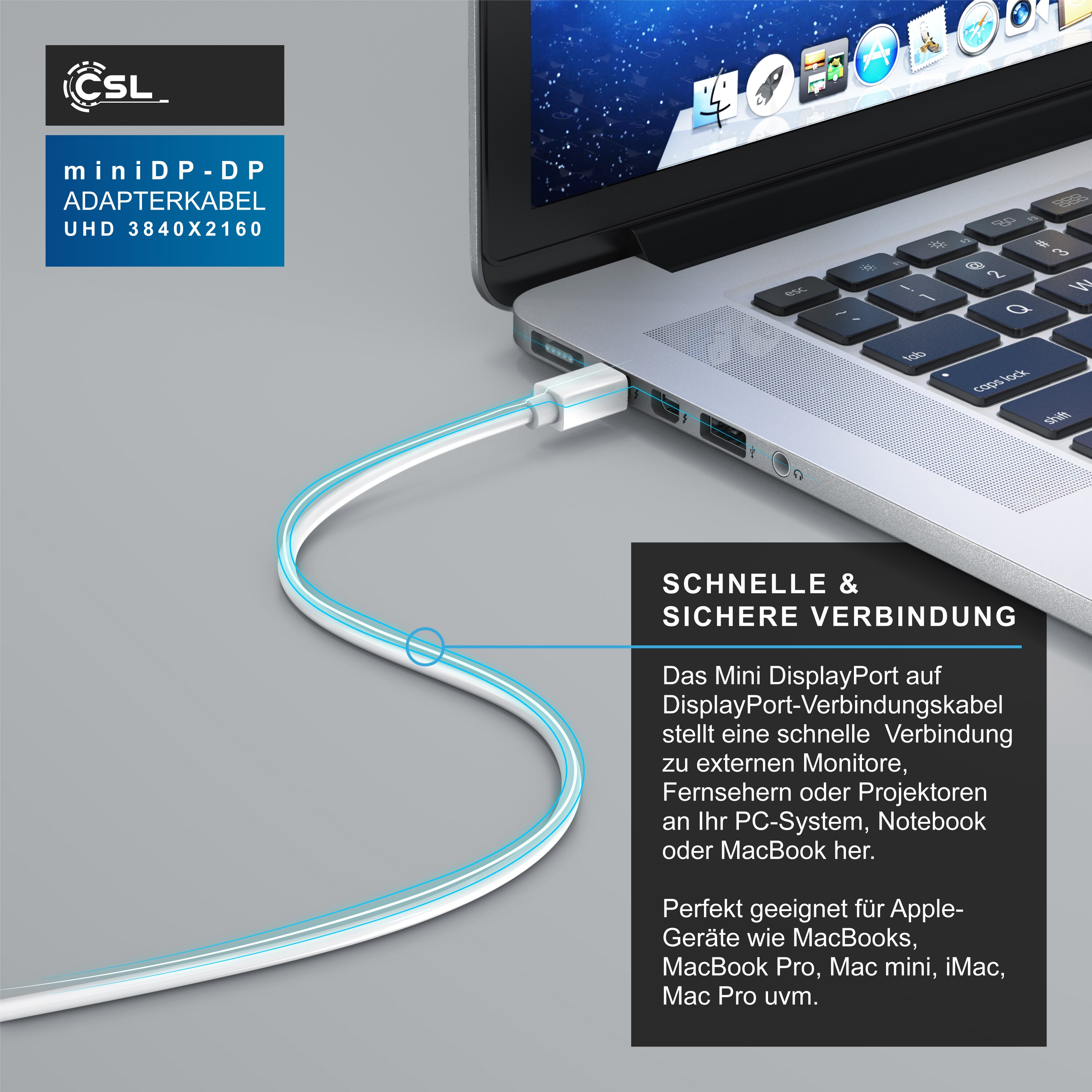 CSL Mini DisplayPort zu DisplayPort Audio- & Video-Kabel, FullHD MiniDP Monitor Kabel, Verbindungskabel - 2m