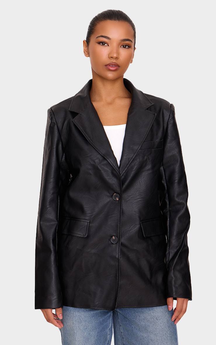 Noir Délavé Blazer En Synthétiquecuir Texturé