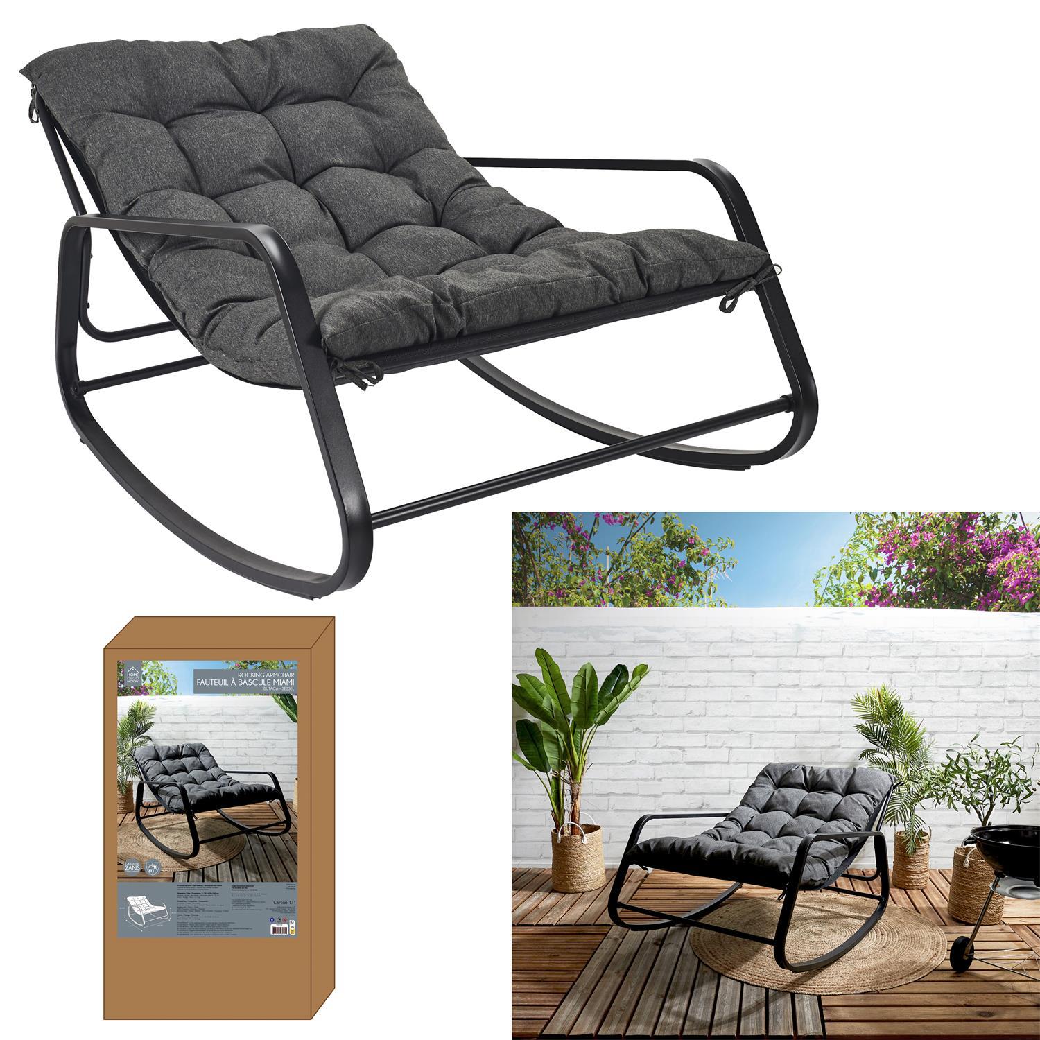 FAUTEUIL BASCULE MIAMI NOIR ET METAL 92X69X130CM