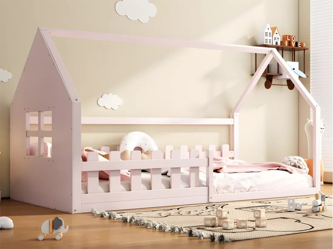 Lit cabane pour enfant 90x200 cm - en forme de maison - en bois de pin et MDF - Rose