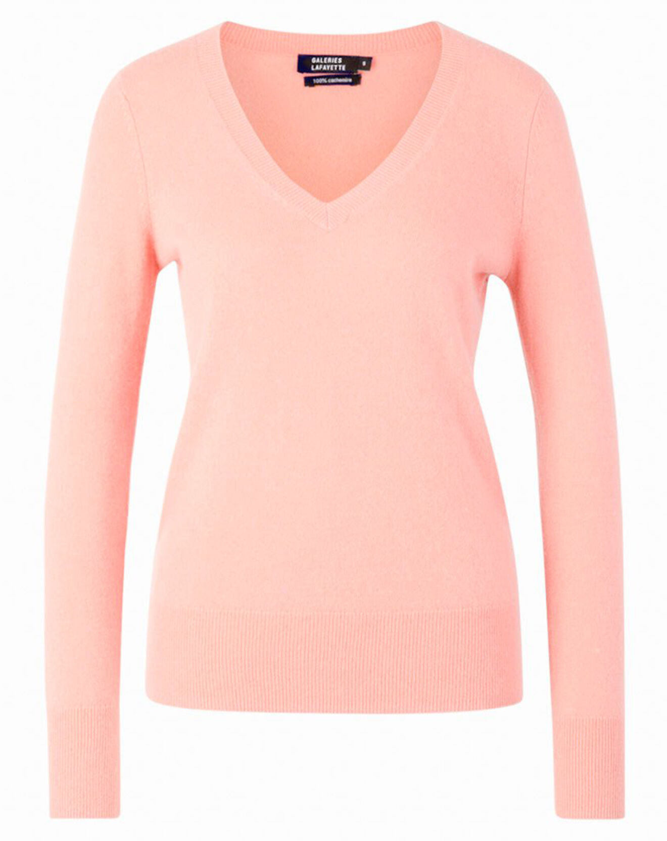 Galeries Lafayette Pull 100% Cachemire Yocon col V rose