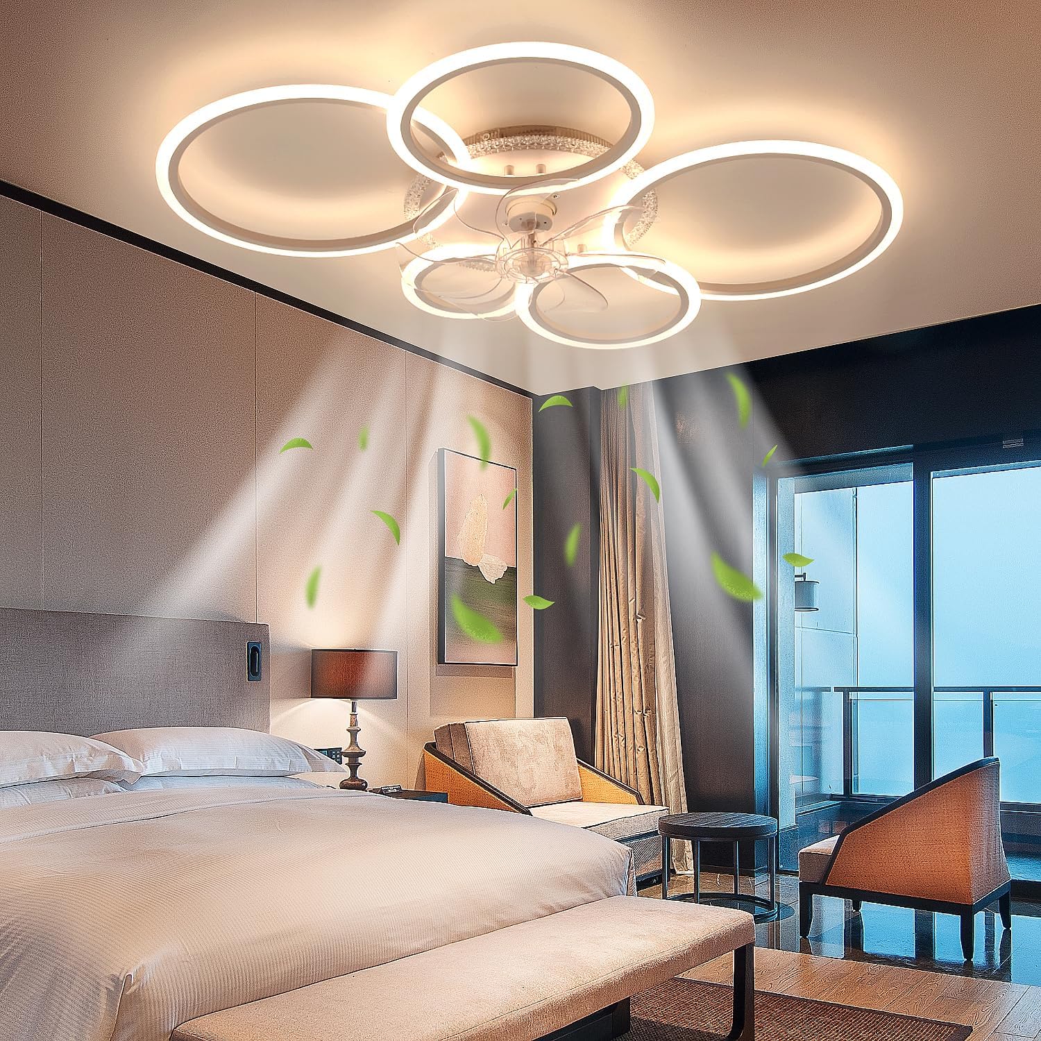 Deckenleuchte mit Ventilator, leise, weiß, Deckenventilator mit Beleuchtung, App und Fernbedienung, 72 W, 6270 lm, Dimmbar, RGB LED, für Wohn- Schlaf- und Esszimmer, 6-Gang, Timer