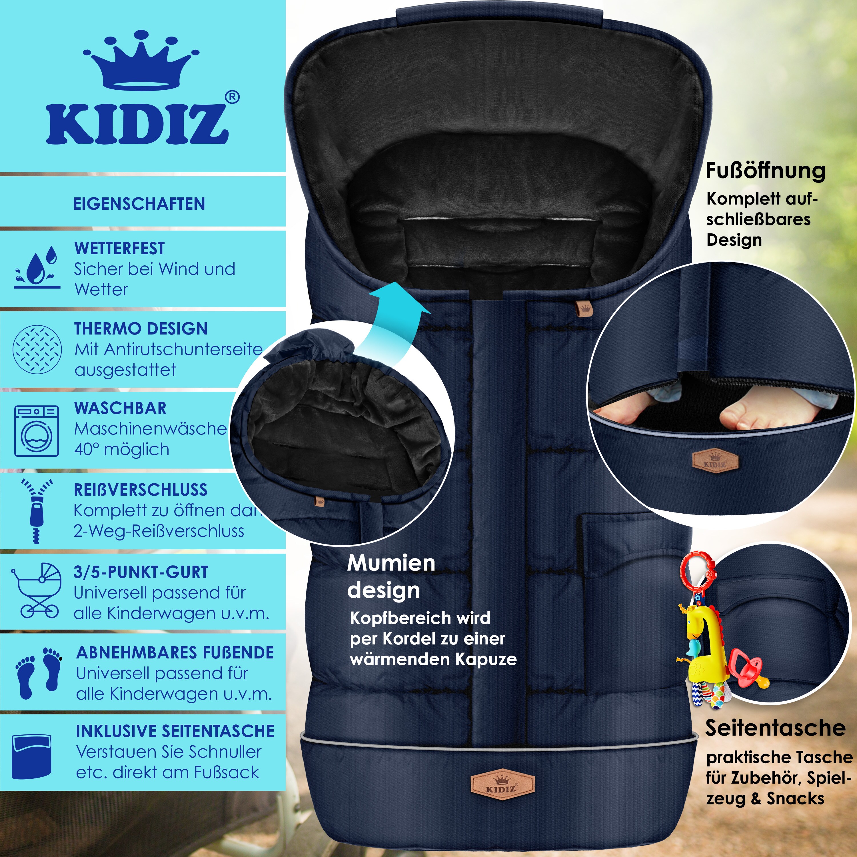 KIDIZ® Babyfußsack Baby Fußsack Winterfußsack Babyschale mit Reißverschluss Kuschelsack Babydecke Kinderwagen waschbar Tasche passend für alle Kinderwagen BettWärmedecke aus Thermo-Fleece