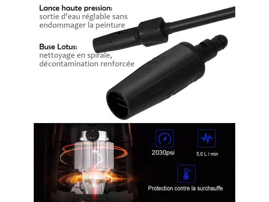 Nettoyeur Haute Pression 140Bar 300L/H avec avec 1 Buse Lotus et 1 Buse Haute Pression, Flexible 5 Mètres contre Punaise de lit Bleu