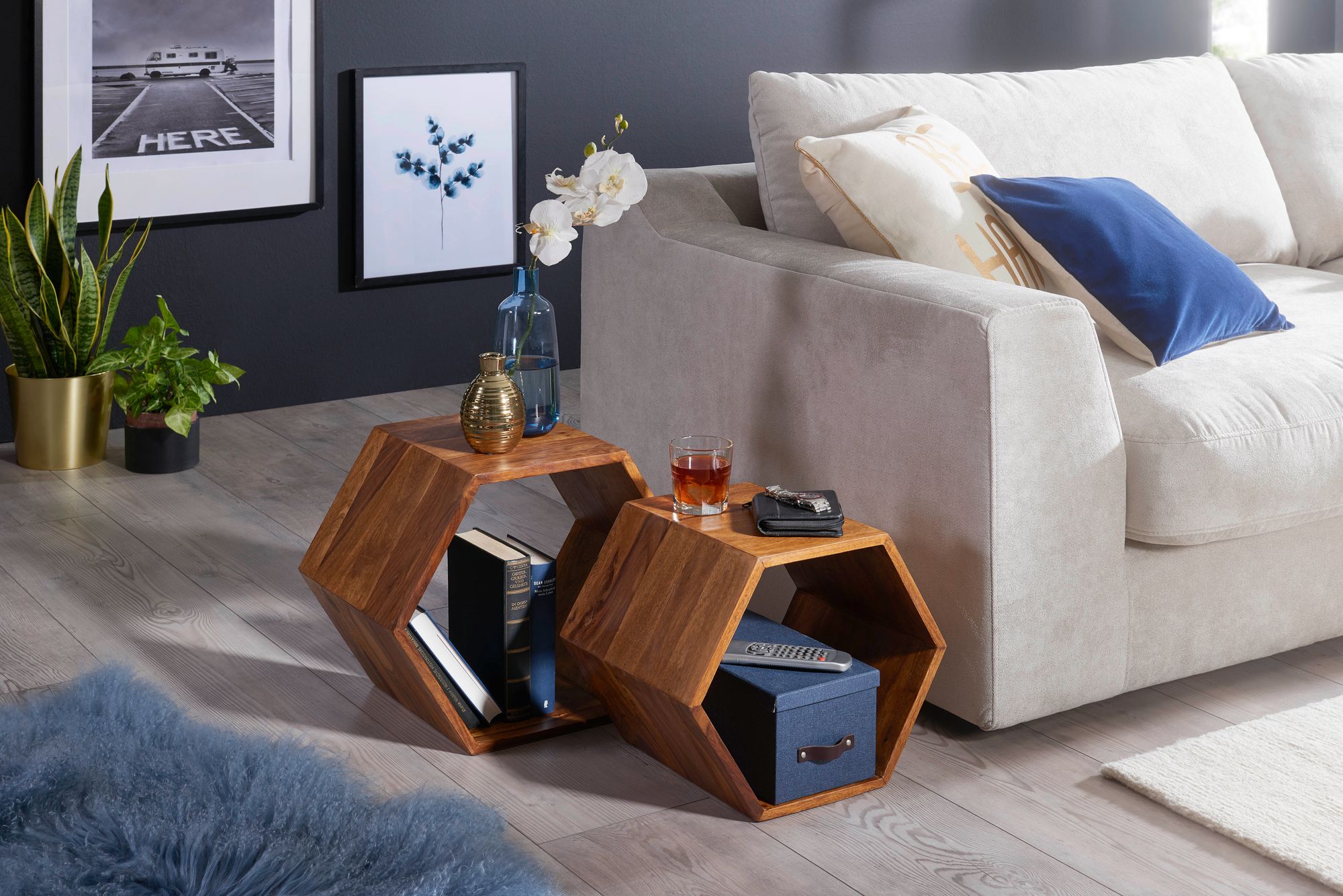 KADIMA DESIGN Sheesham Massivholz Satztisch 2er Set in Wabenform, Braunton, handgefertigt