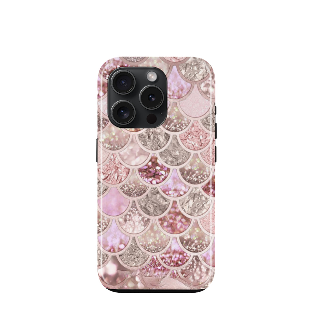 iPhone 15 Pro Hybrid (Kunststoff / Gummi) Hülle Glitzerschuppen - Rosegold