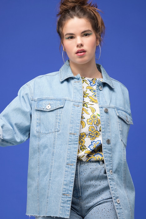 Jeansjacke, Boxy Shape, Glitzersteinchen, Hemdkragen, Langarm