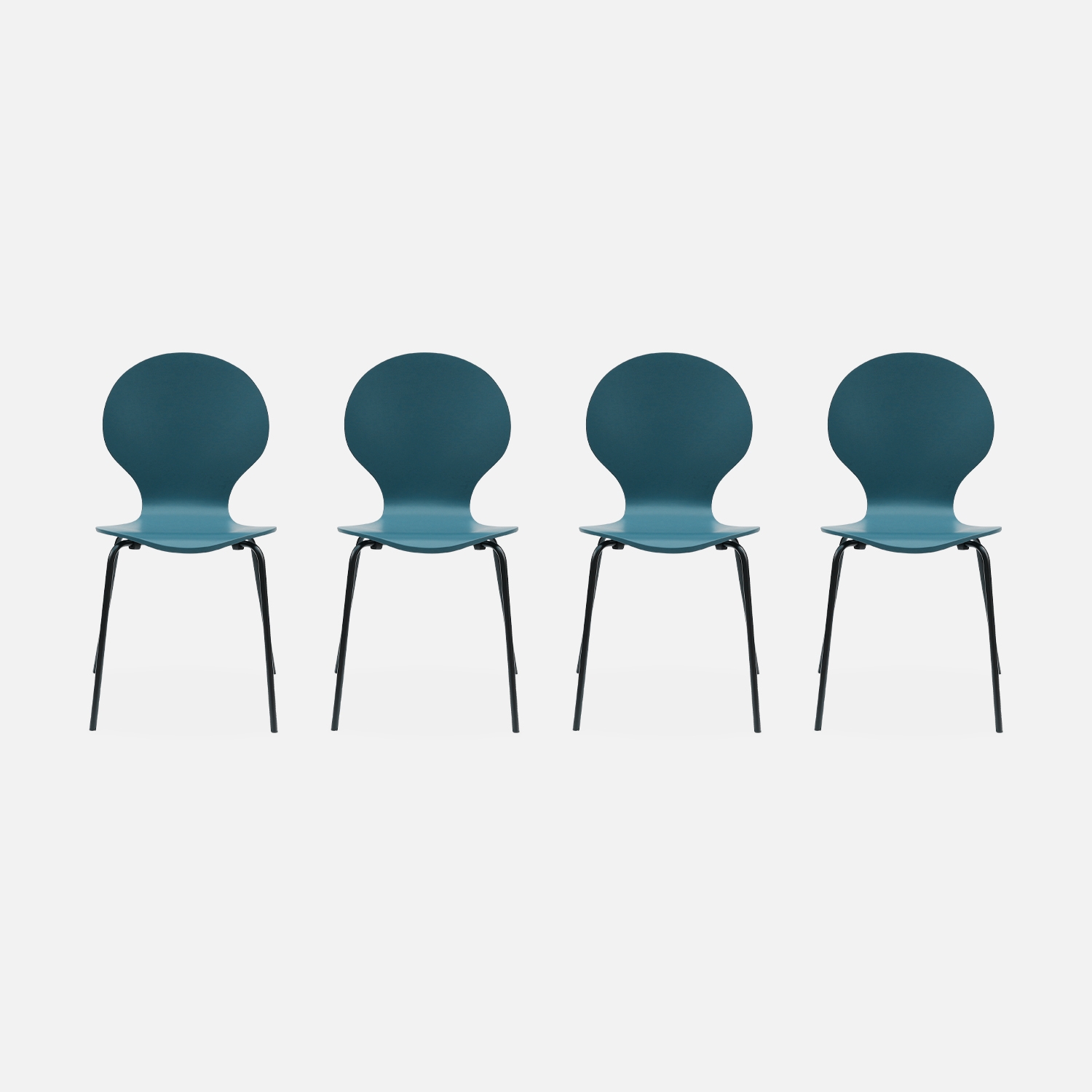 Lot de 4 chaises bleues. Rétro empilables. Bois d'hévéa et contreplaqué. Pieds en acier. Naomi. L 43 x p 48 x h 87cm
