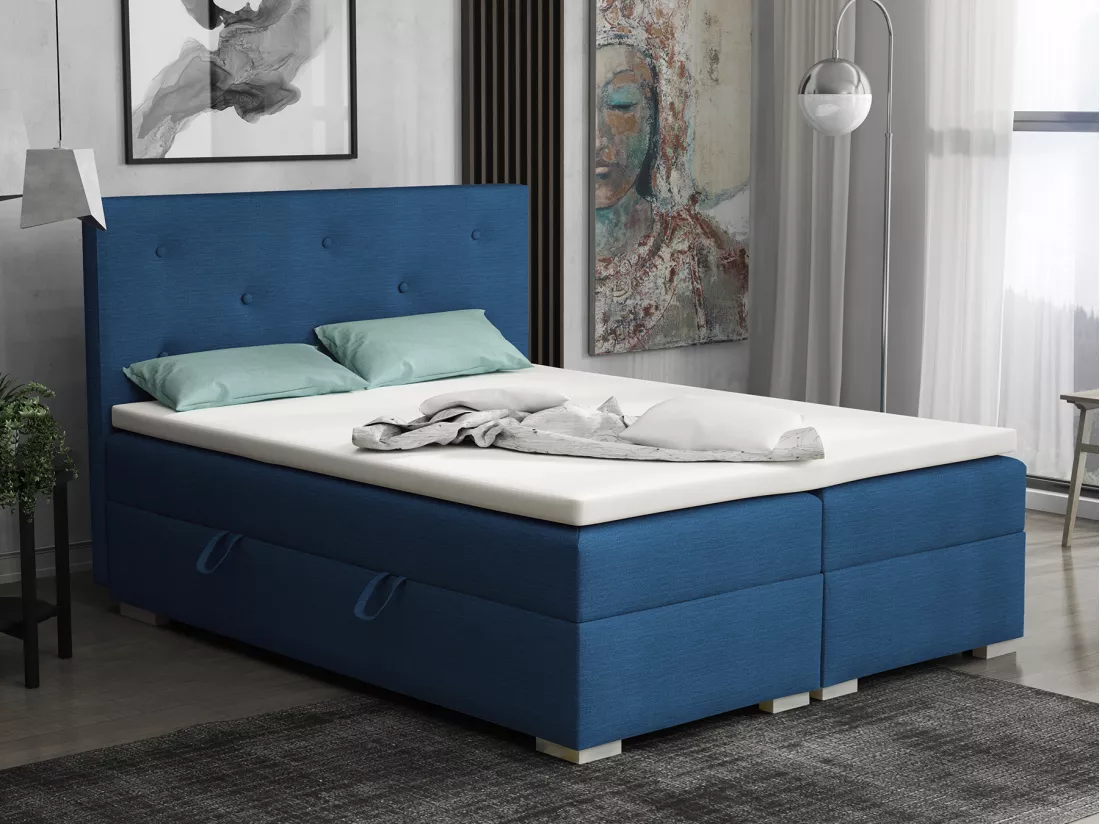 Lit Boxspring avec tiroirs de lit, Coffre de lit Topper Atlanta 160x200 cm, Orinoco 80 (Bleu marine)