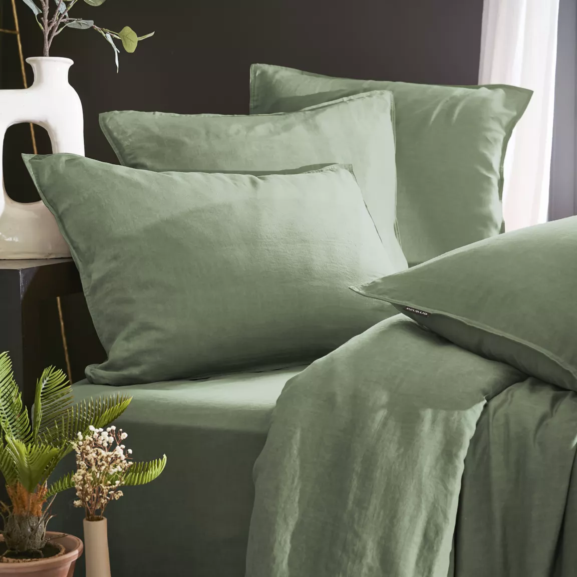 Taie d'oreiller carrée lyocell Tencel™ lavé (80 x 80 cm) Olivia Vert romarin