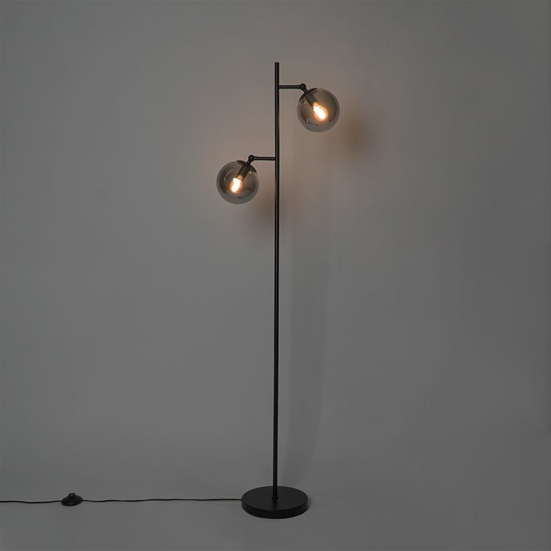 Art Deco vloerlamp zwart met smoke glas 2-lichts - Pallon