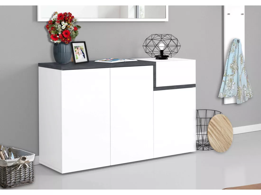 Étagère à chaussures Steve, Meuble polyvalent avec 3 portes et 1 porte abattante, Étagère à chaussures d'entrée, 100% Made in Italy, 120x40h80 cm, Blanc brillant et ardoise