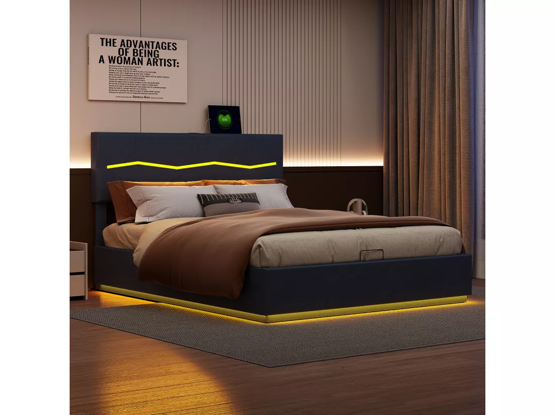 Lit coffre 140 x 200 cm avec éclairage LED et charge USB - hydraulique - Lit 2 Personnes - PU - Noir