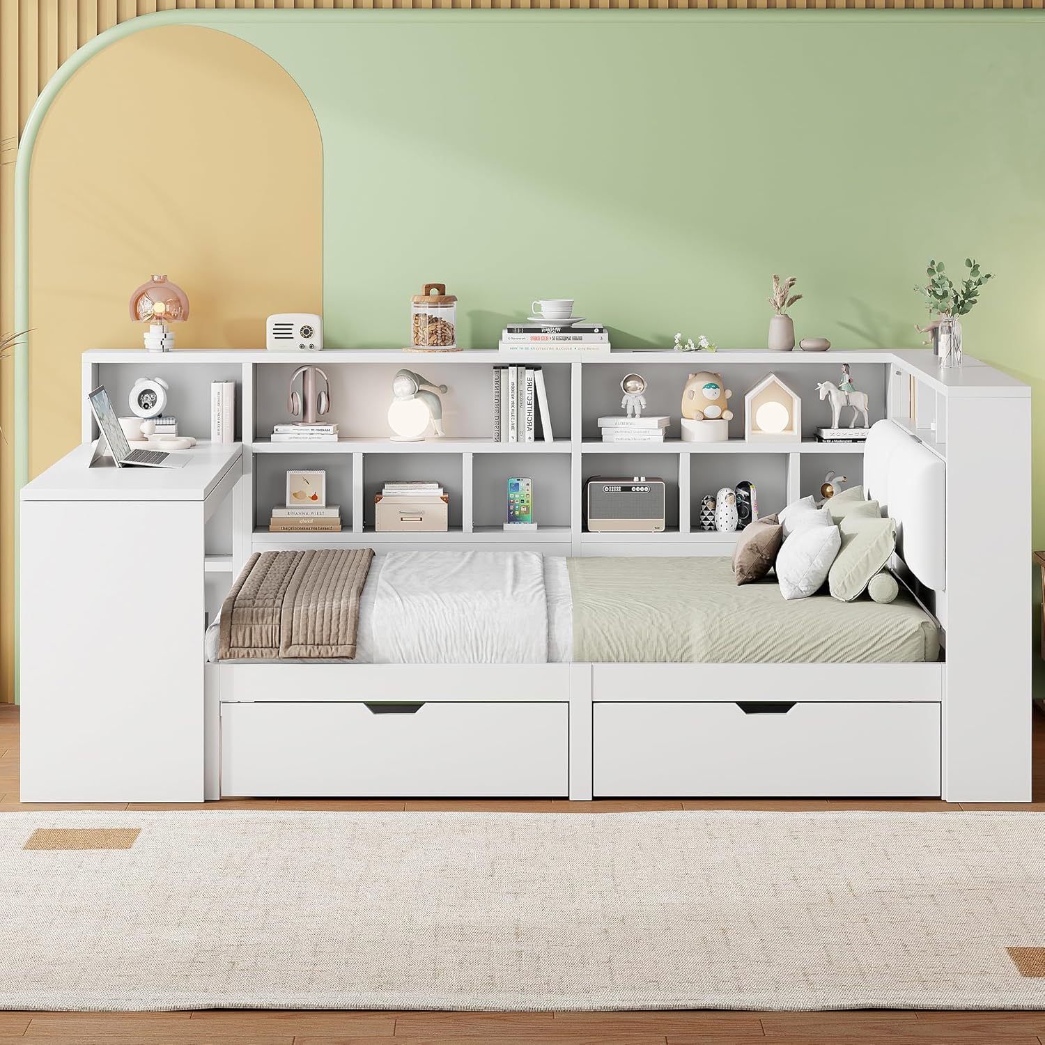 Kebnor L-förmiges Holz-Plattformbett mit Schreibtisch und Bücherregal, Eck-Kapitänsbett mit gepolstertem Kopfteil, Schubladen unter dem Bett, LED-Licht - Weiß (140x200cm)