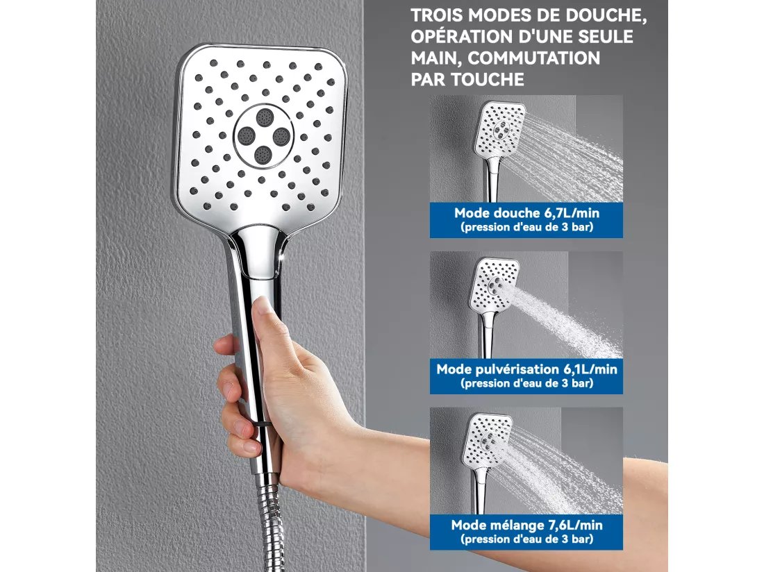 AURALUM MAX Pommeau de Douche Haute Pression+Tuyau de 1,5m en Inox,Avec 3 Modes de Jet,Pulvérisateur Douche Anti-Calcaire Pommeau,Chromé