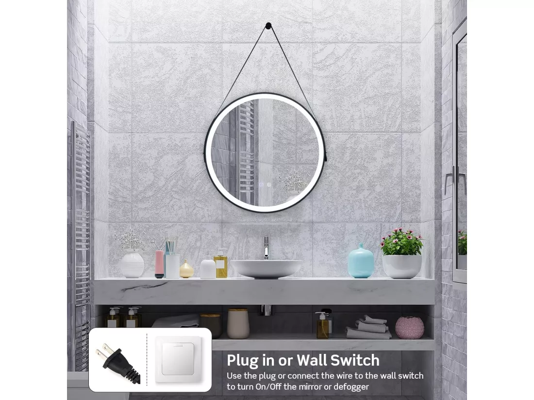 Miroir Anti-Buée Salle de Bain de 60 cm avec Sangle en Cuir, Miroir Anti-Eau Rond LED, Fonction Anti-Buée et Mémoire, Dimmable, 3 Couleurs