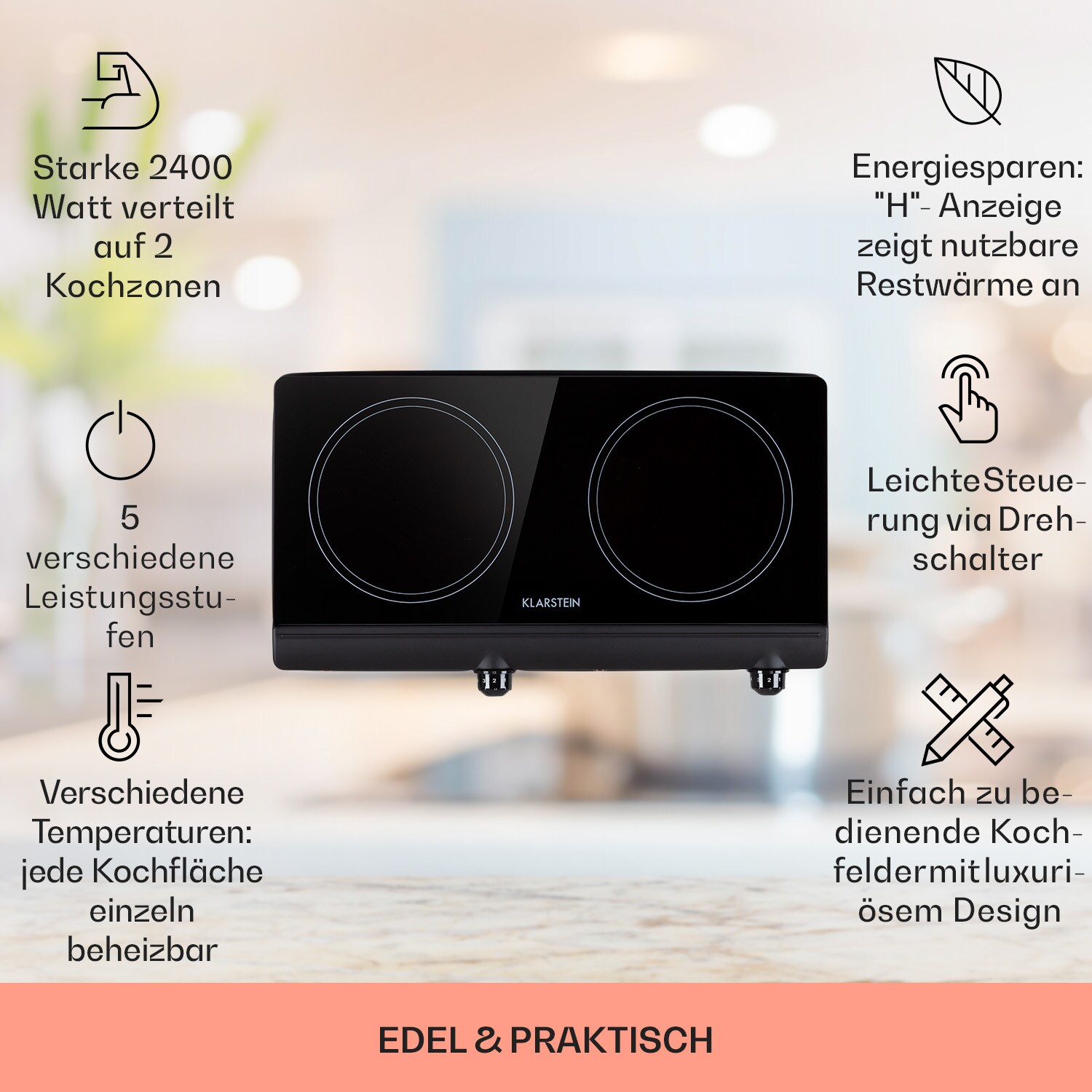 Cookbuddy Doppel-Kochfeld 2400W 5 Leistungsstufen Glaskeramik Schwarz