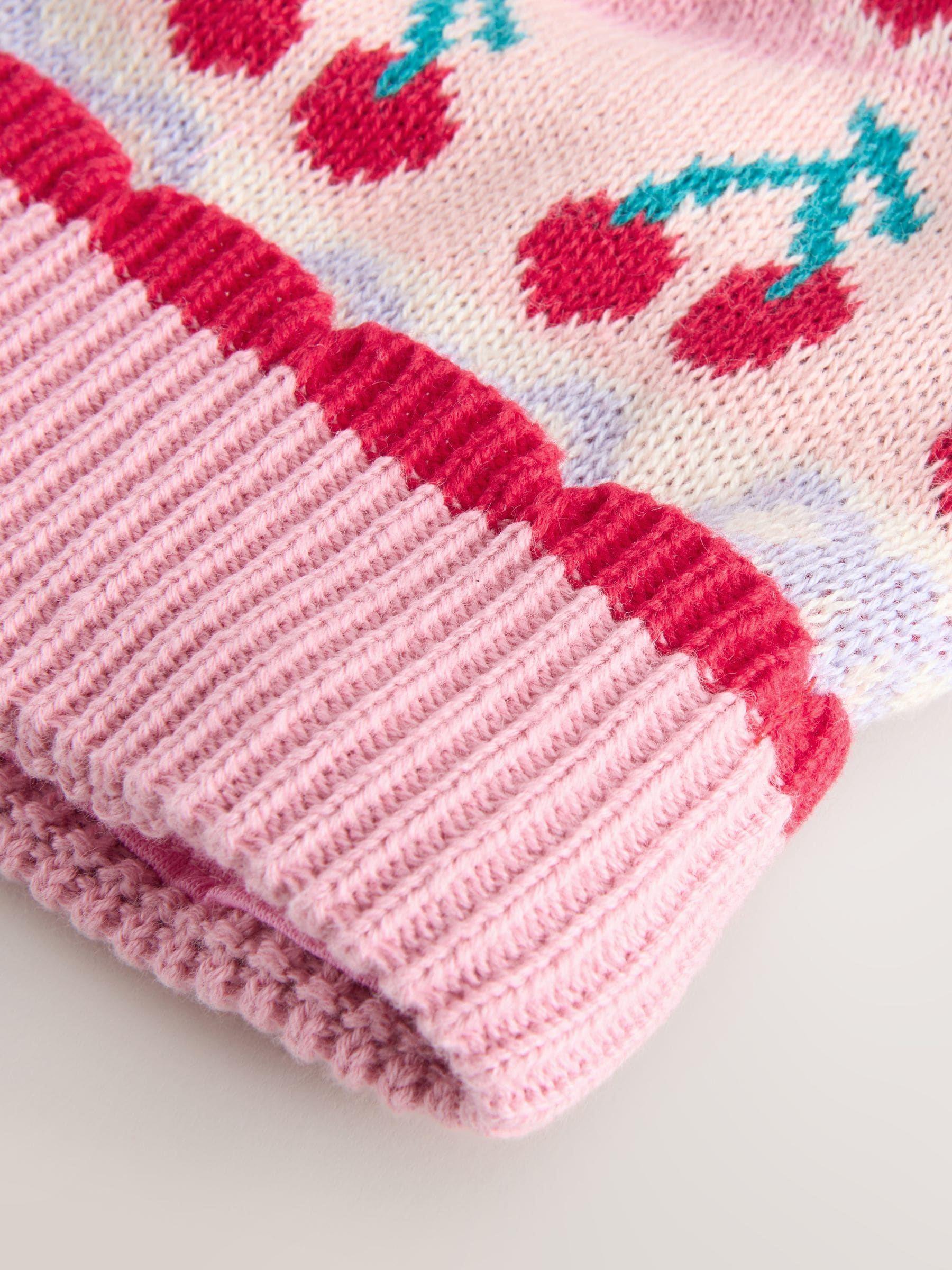 Roze - Baby gebreide Hoed met kersen Fairisle-patroon en pompon (0mnd -2jr)
