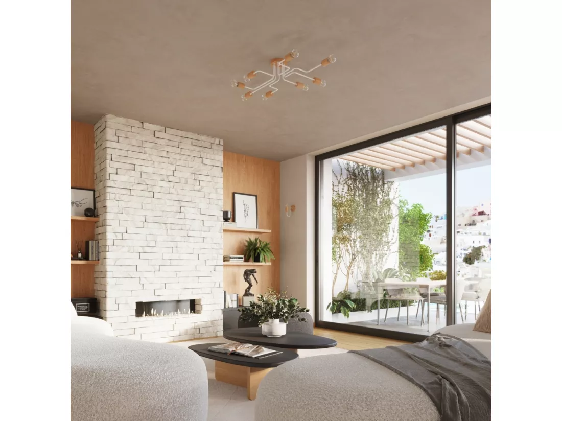 Lustre Timbo grenier en acier/bois - 4 sources lumineuses - L.75 x H.16,5 cm - blanc/bois naturel