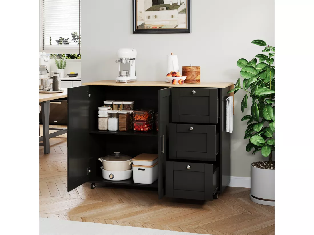 Ilot central de cuisine mobile avec 2 portes et 3 tiroirs - Plateau extensible - 135x44(70)x90 cm - Bois MDF - Noir et naturel