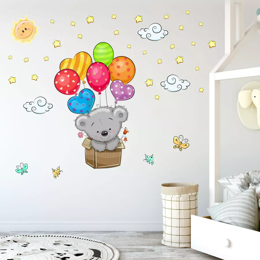 Nikima Wandtattoo 076 Wandtattoo Teddy in Kiste Luftballon Kinderzimmer Aufkleber Sticker bunt