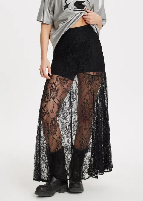 Kanten maxi rok zwart (ZWART)
