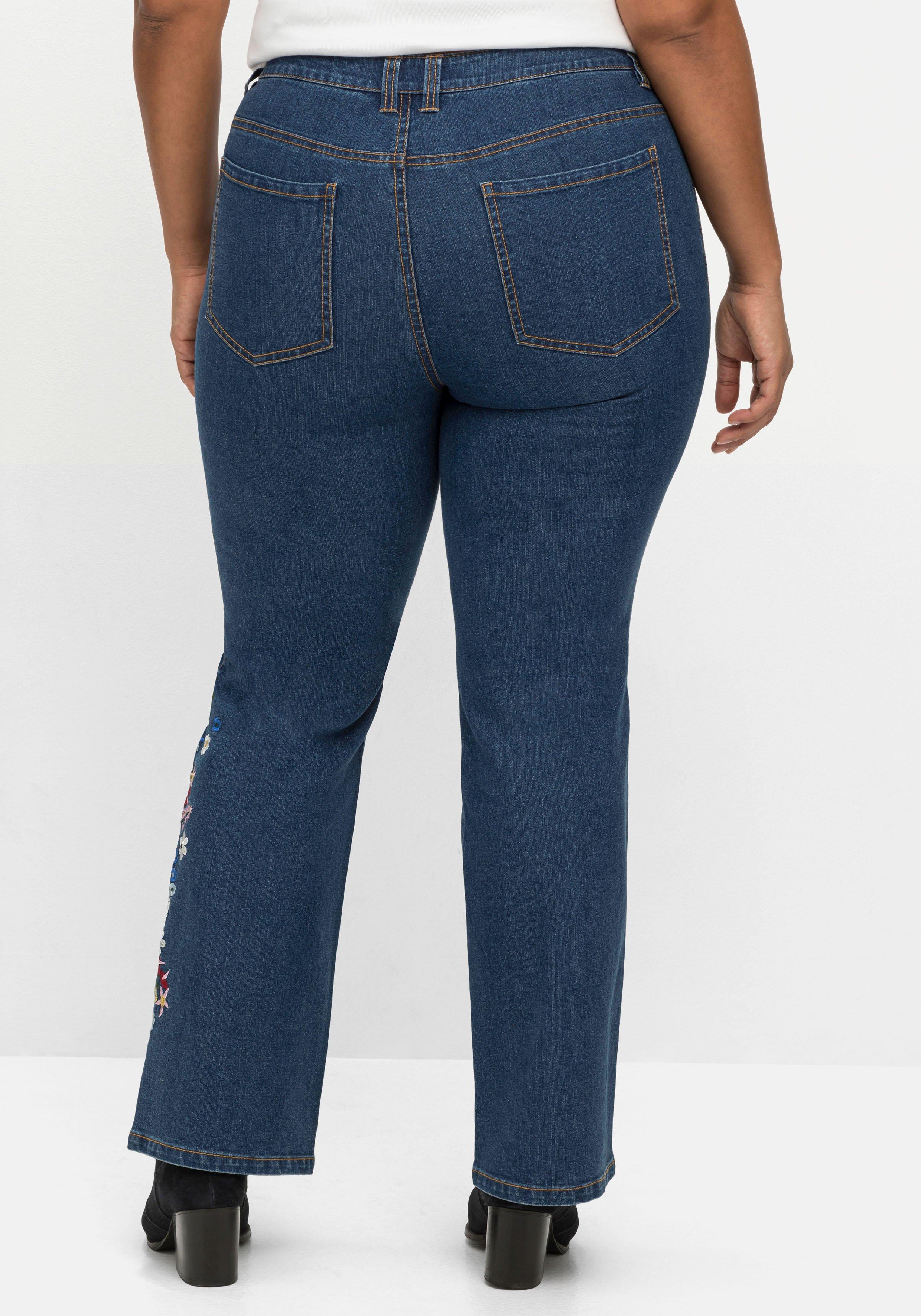 Bootcut-Jeans mit Blumenstickerei seitlich am Bein