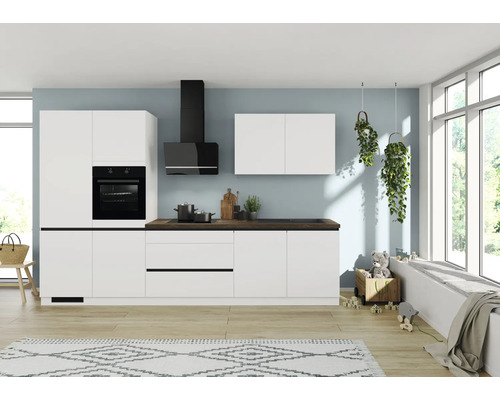 IMPULS keukenblok met ZANOTTI apparatuur, 340 cm, mat wit, voorgemonteerd, linker uitvoering, IP315-IKC13403R-K517-F902-A688-G970