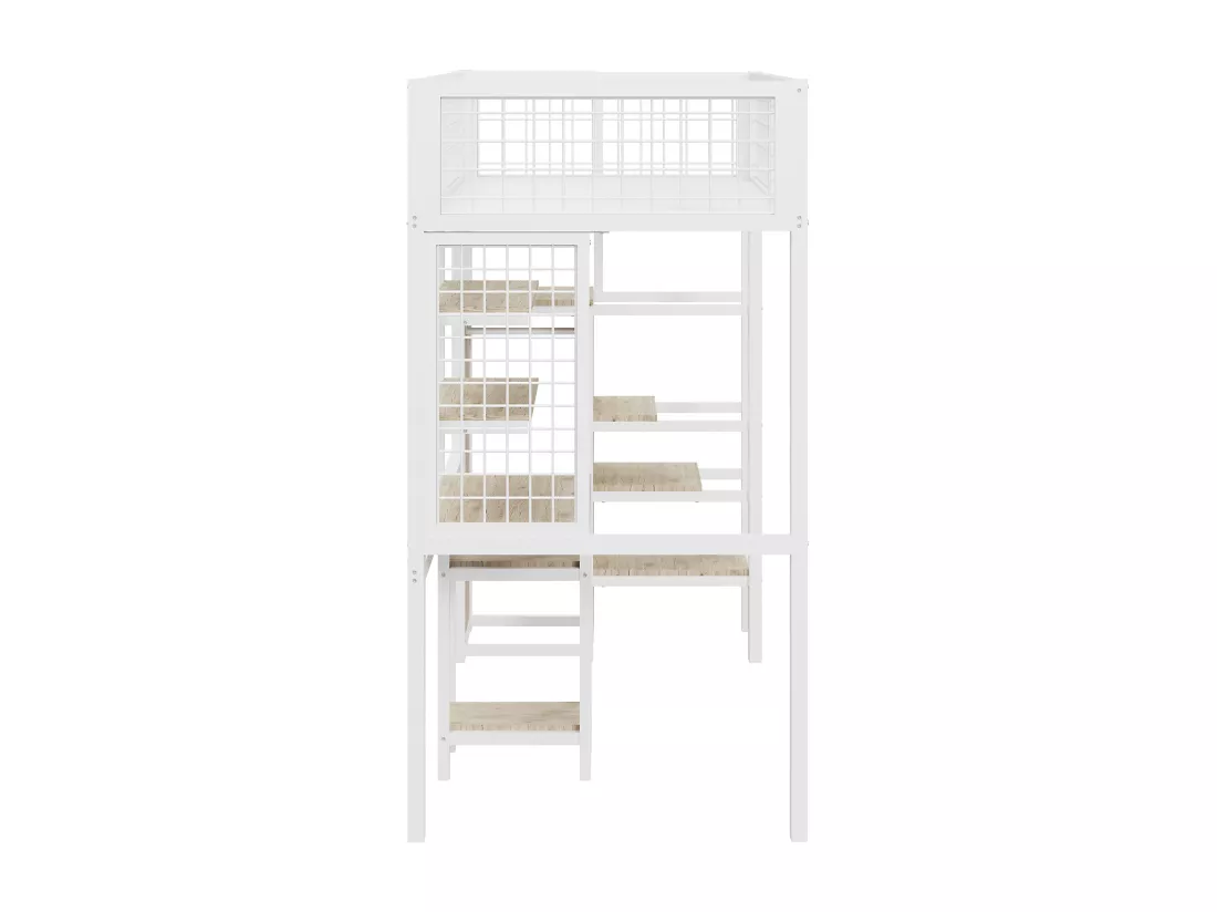 Lit mezzanine 90x200 cm avec bureau, étagères, escalier et armoire - cadre en métal - Blanc