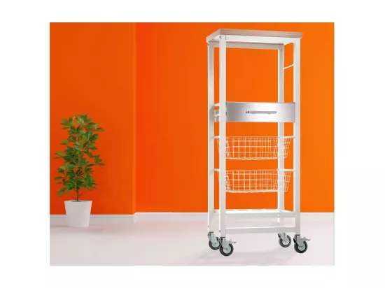 Desserte de cuisine haut, chariot de rangement - couleur Blanc, Inox, Orme - 123*48,5*34 cm - ONDA ALTO