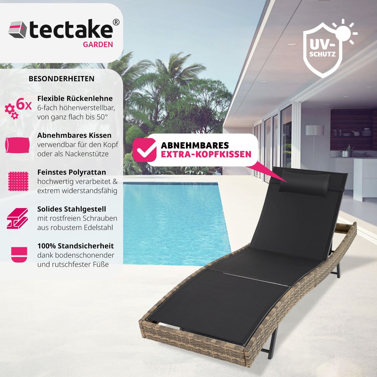 Rotan ligstoel tectake Moana, duurzaam en UV-bestendig, 69 x 211 x 41 - 94 cm