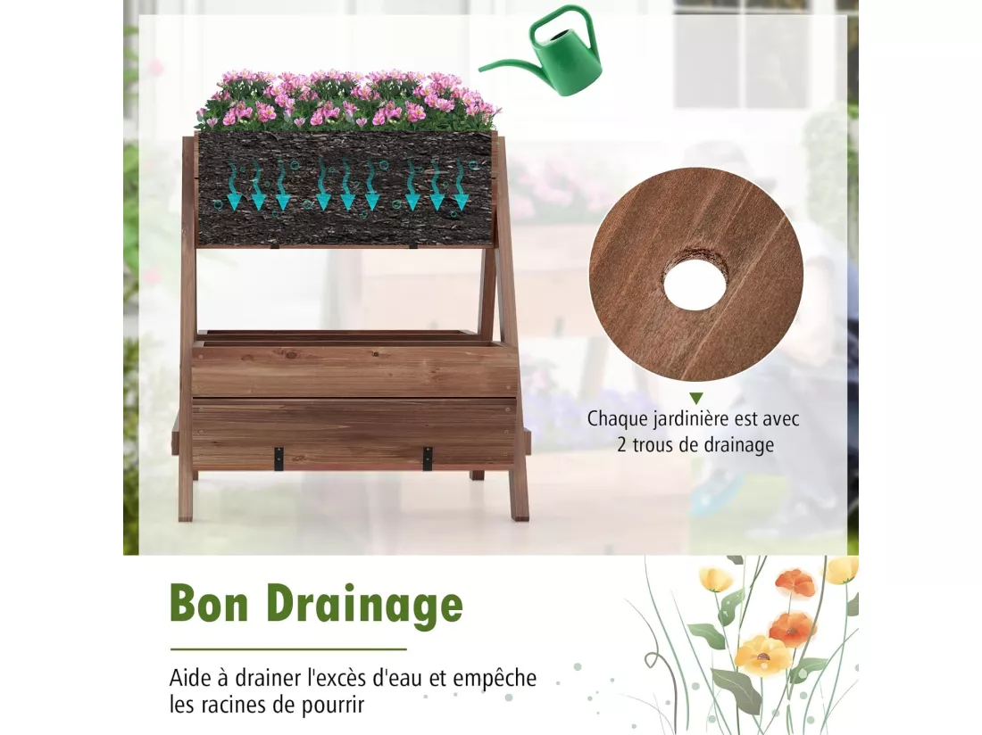 Jardinière Surélevée Verticale en Bois, Lit de Jardin à 2 Niveaux avec 3 Bacs à Plantes Charge 30KG Trous de Drainage, pour Fruits Fleurs Légumes, Marron 66 x 73 x 73 cm