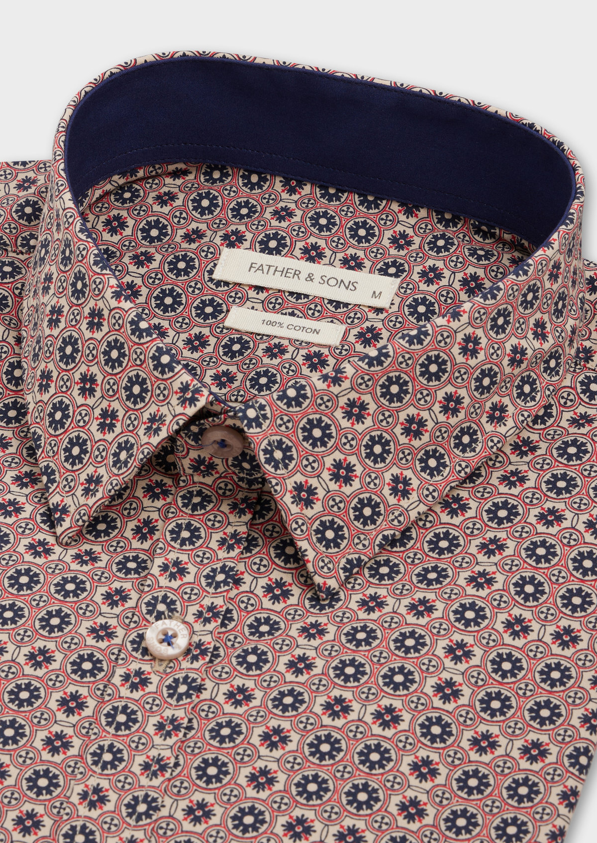 Chemise sport Slim en popeline de coton beige à motif fantaisie rouge et bleu marine
