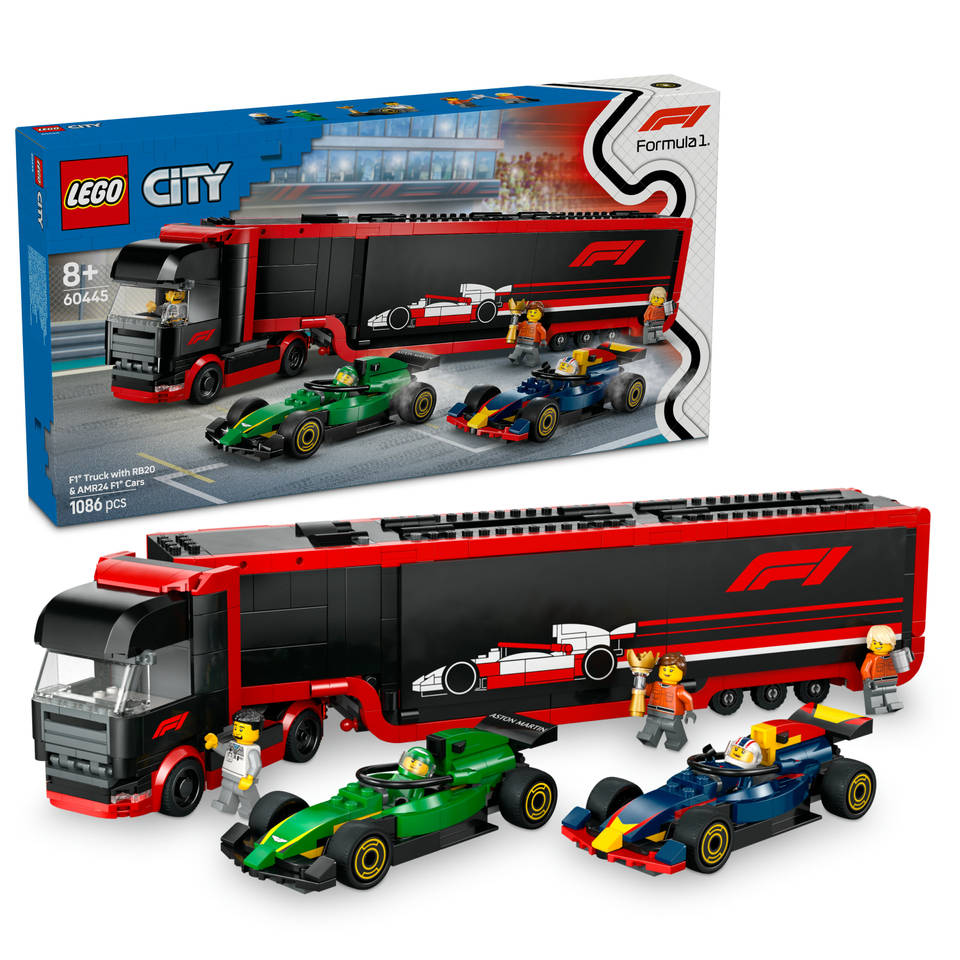 LEGO City F1 truck met RB20 en AMR24 F1 auto's 60445
