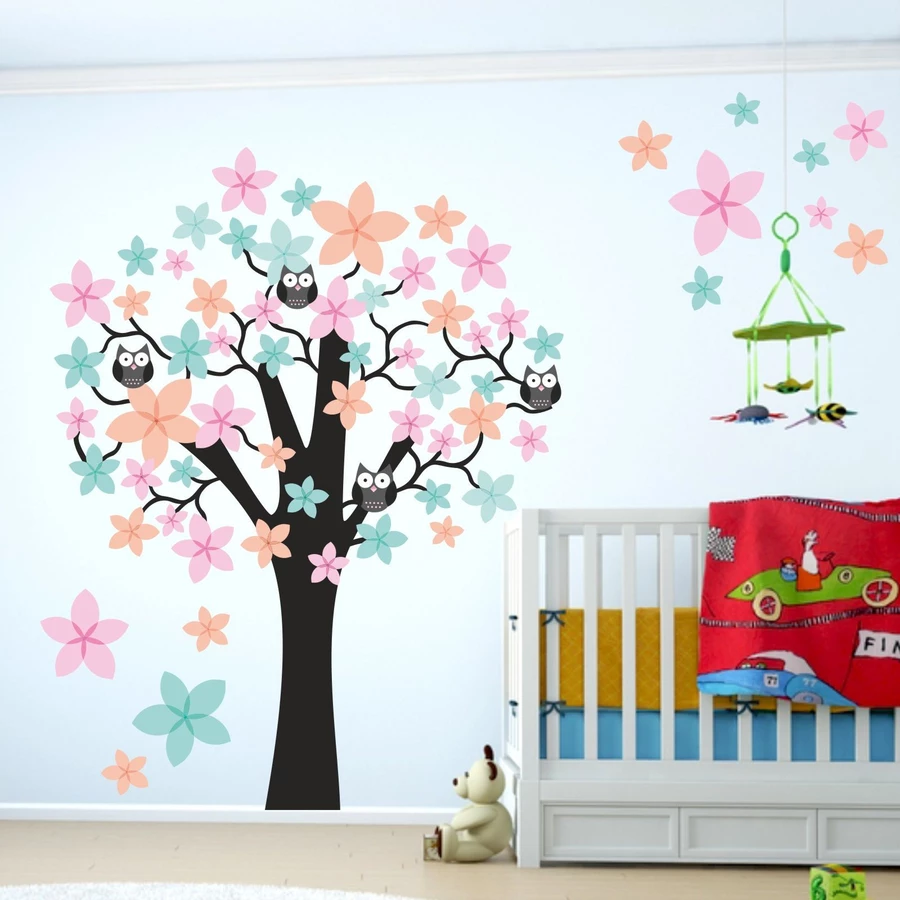 Nikima Wandtattoo 062 Wandtattoo Baum mit Eulen – rosa blau orange bunt