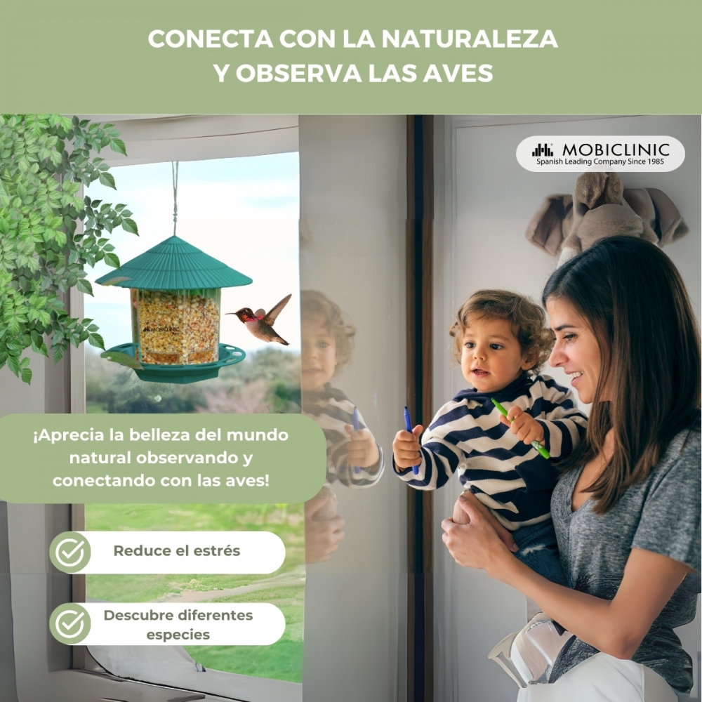 Alimentador para pássaros selvagens Mobiclinic, 1,2 L, para exterior, 20 x 22 x 20 cm, bico de pardal.