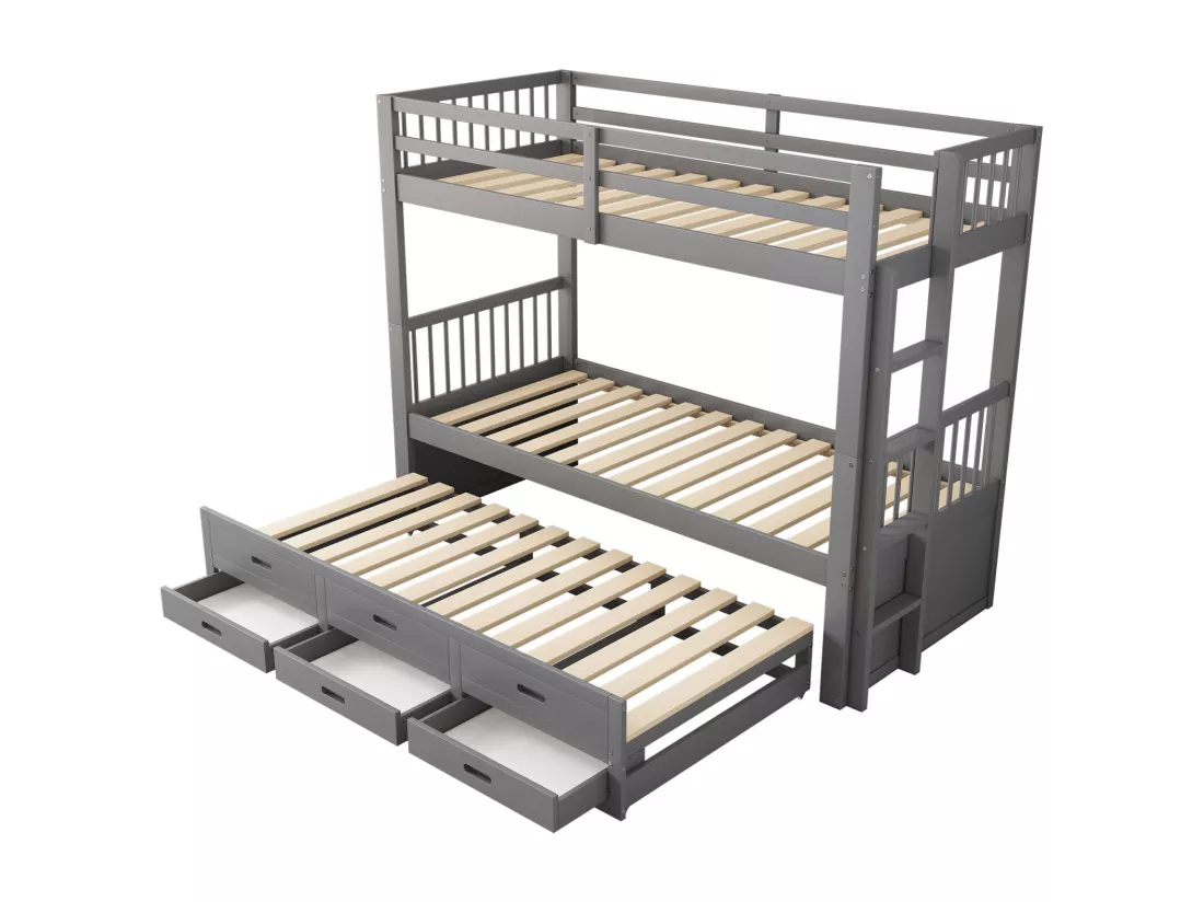 Lit superposé 90x200cm - Lit d'Enfant Cadre de Lit en Pin et MDF avec échelle Échelle - Lit Extensible + 3 Tiroirs Gris