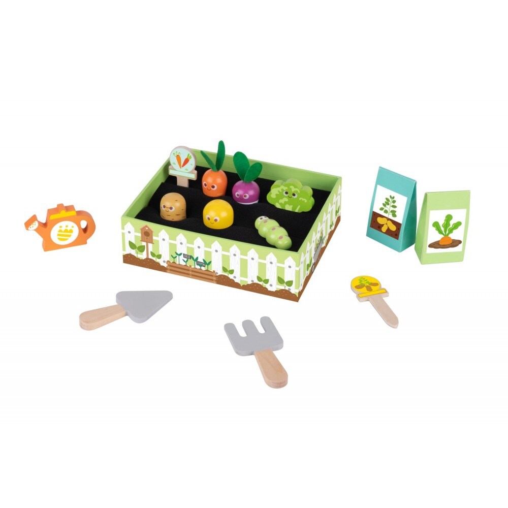 Tooky Toy Kinder-Gartenset TK315 Holz 14-teilig, Beet, Gemüse, Gießkanne, Samen grün