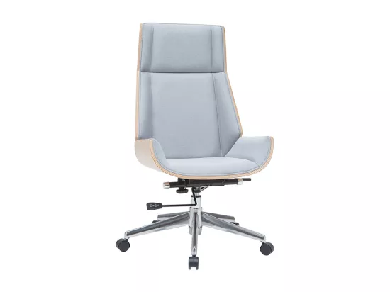 Fauteuil de bureau de direction design en tissu gris clair, bois clair et acier chromé CURVED