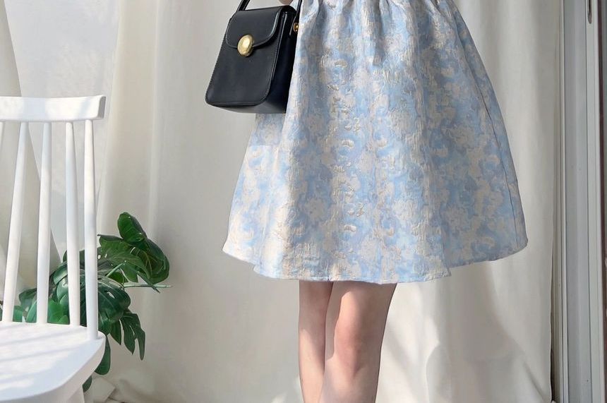 CosmoCorner - Mini A-lijn jurk met pofmouwen, V-hals, strik en kantpaneel, jacquard
