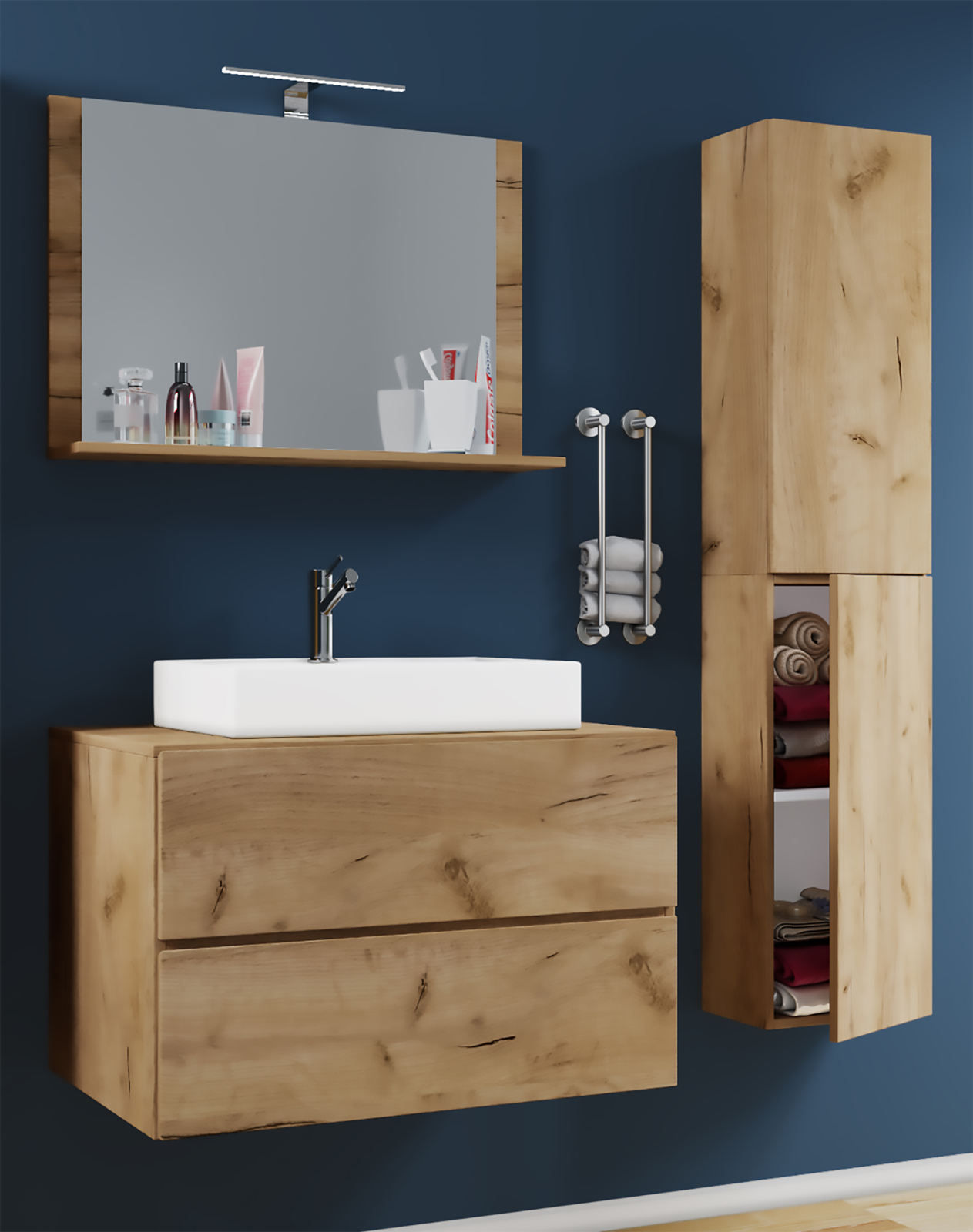 4-teiliges Badmöbel-Set LENDAS L - Honig-Eiche - mit Hochschrank - 60 cm