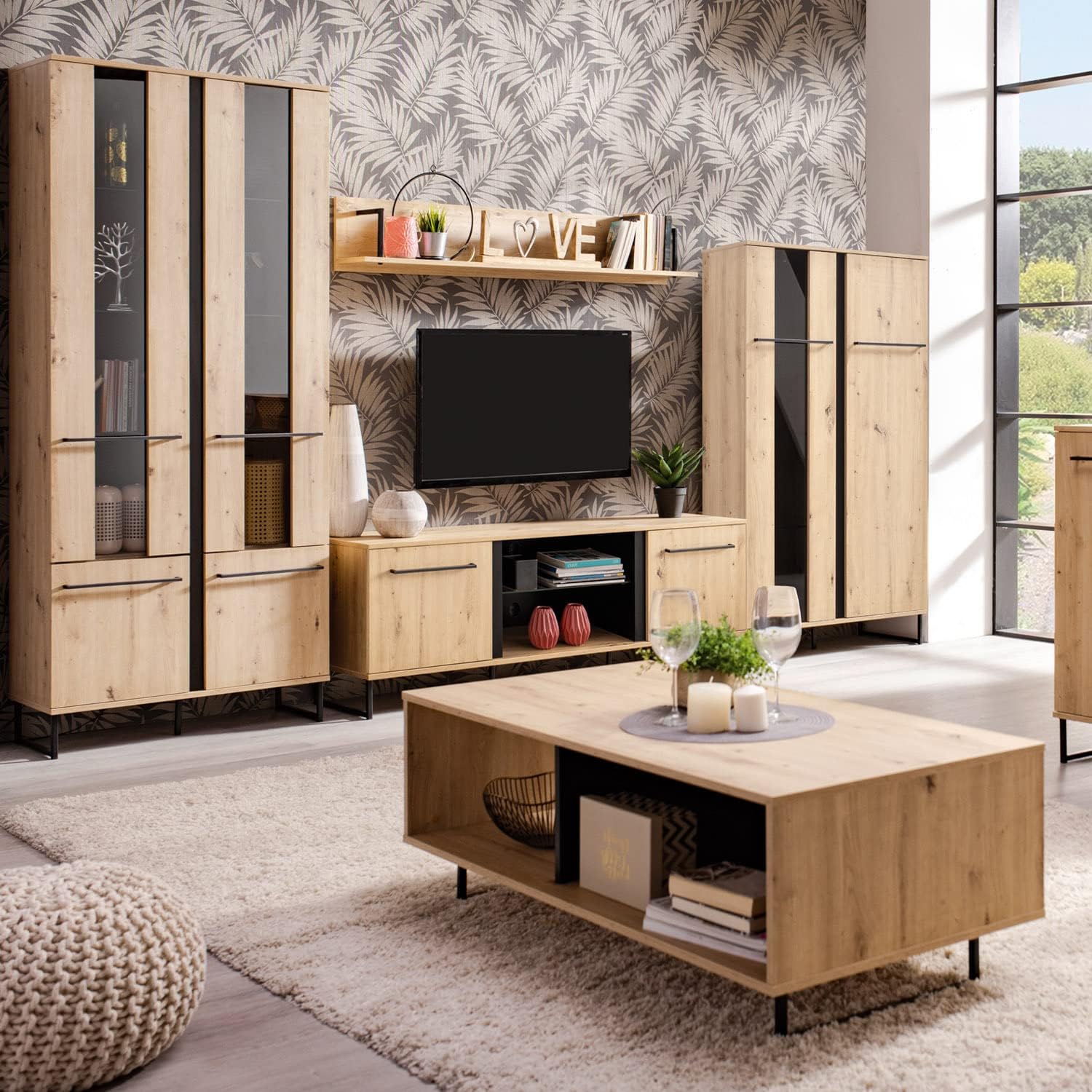 Homestyle4u 2213 Wohnwand 4-teilig Komplett-Set Schrankwand Holz Eiche Wohnzimmer Anbauwand Modern Industrial Style