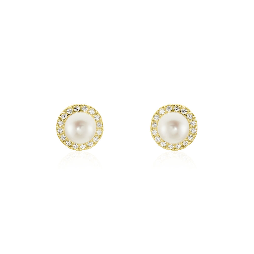 Boucles D'oreilles Puces Grizel Or Jaune Perle De Culture Et Oxyde