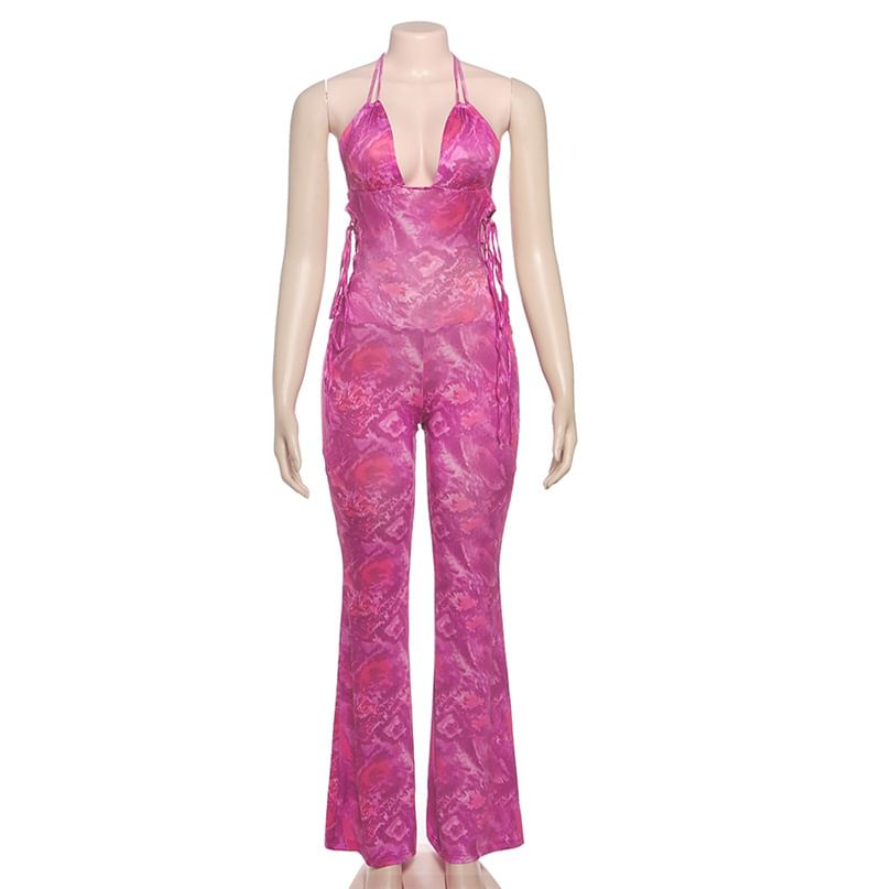 HERMITAKH - Halterhals Tie Dye Uitsparing Open Rug Uitlopende Jumpsuit