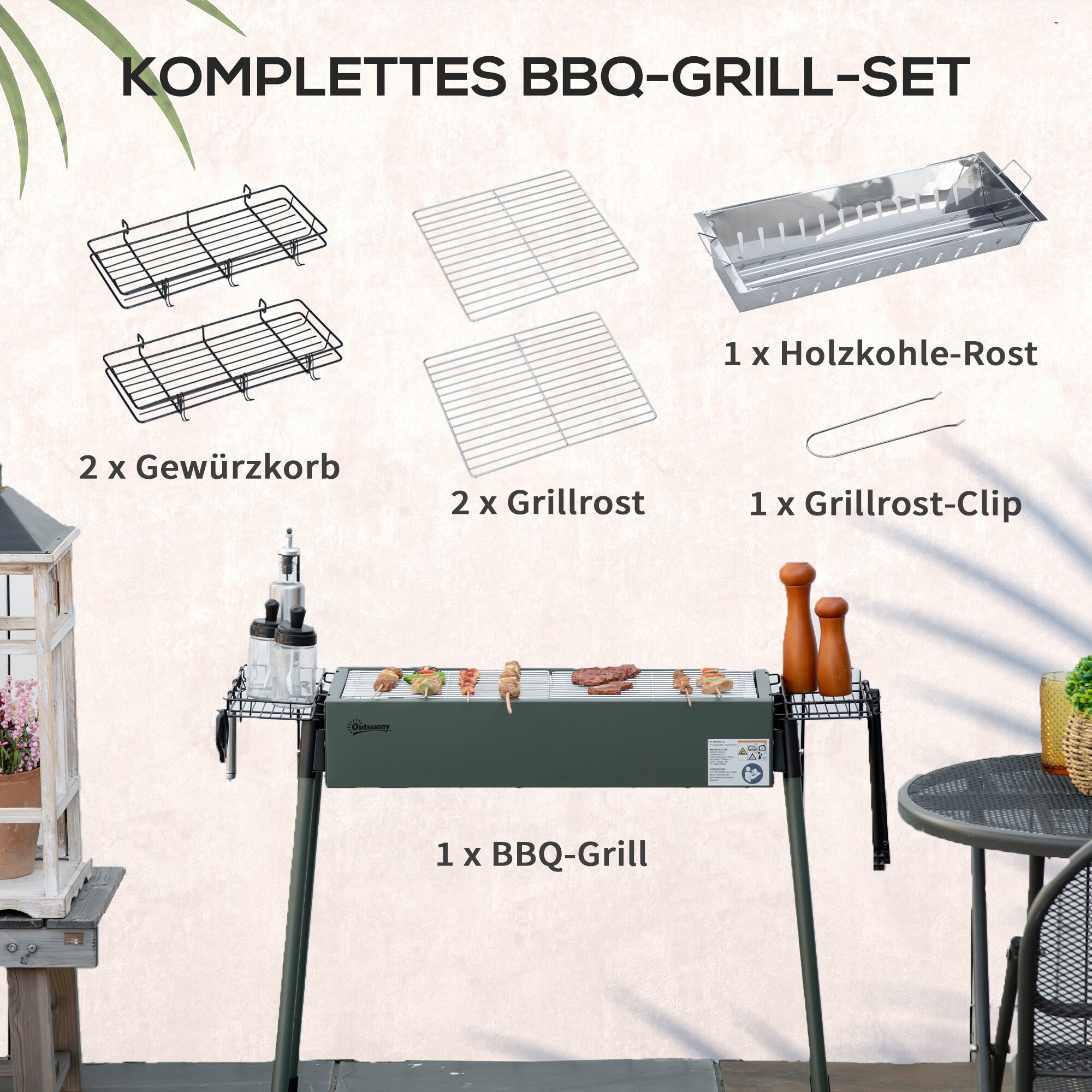 Outsunny Holzkohlegrill mit Grillrost, Grillrost-Clip und Seitenkörbe grün 77L x 30B x 70H cm